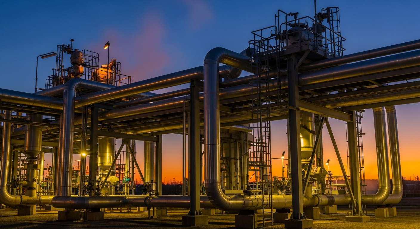 Natural gas pipeline infrastructure at an industrial facility during twilight